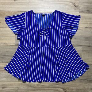 Torrid Womens Striped Georgette Bow Blouse Flutter Sleeve Size 2 Blue White‎